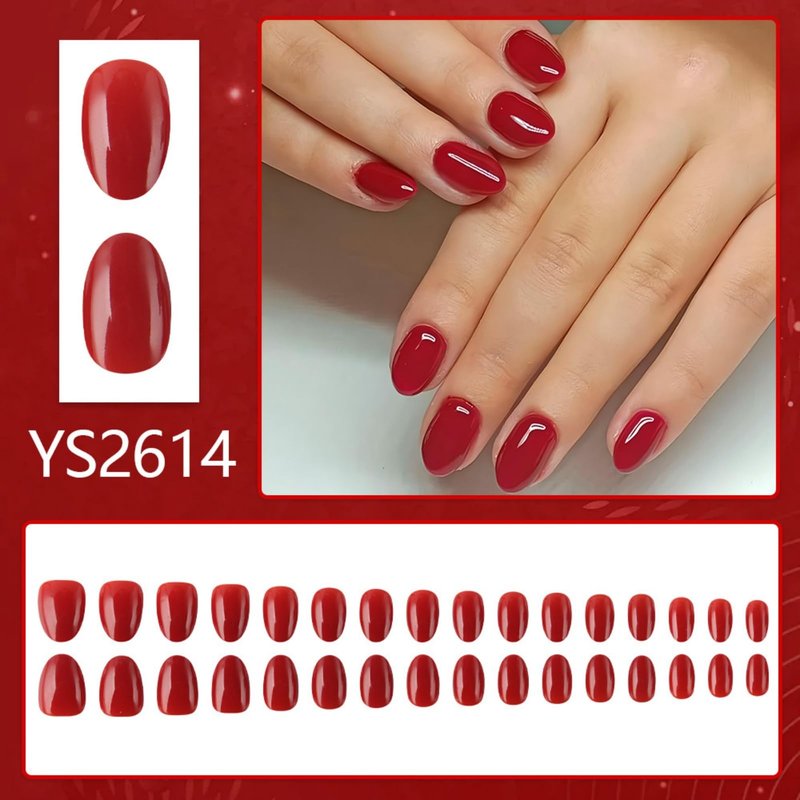 Red Press On Nails Short Almond Fake Nails Glossy Full Cover Solid Color Stick On Nail for Women Manicure 32Pcs