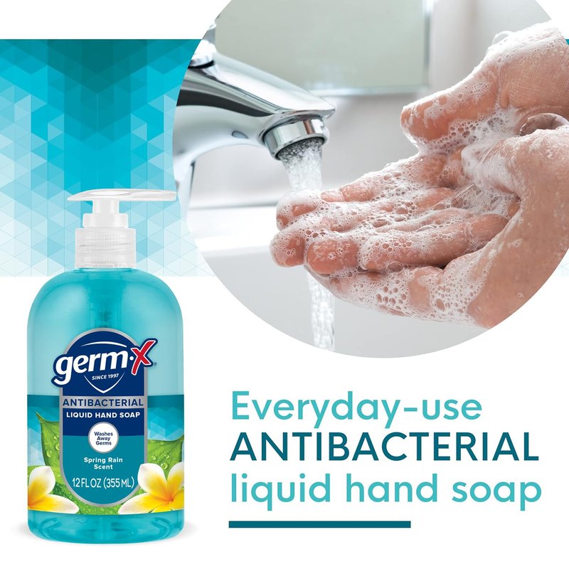 Germ-X Antibacterial Hand Soap, 12 Oz (Pack 4), Moisturizing Liquid Hand Wash for Kitchen or Bathroom, pH Balanced & Dermatologist Tested, Spring Rain Scent, Pump Bottle