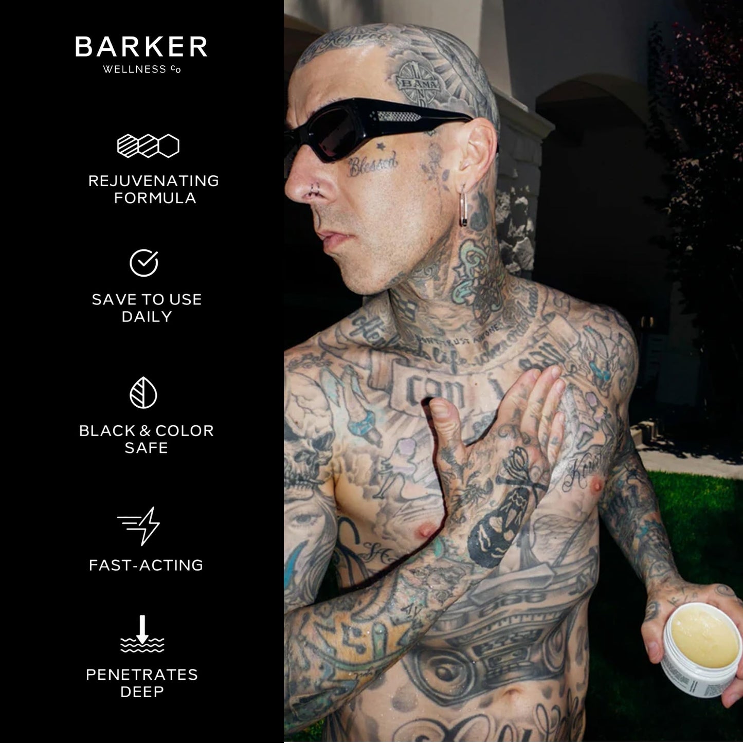 Barker Wellness Tattoo Balm - Natural Vegan Aftercare with Bisabolol, Helichrysum & Vitamin E - Brightens Old Tattoos, Protects New Ink, Soothes Healing Skin - Non-Greasy, Petroleum-Free, 4 oz