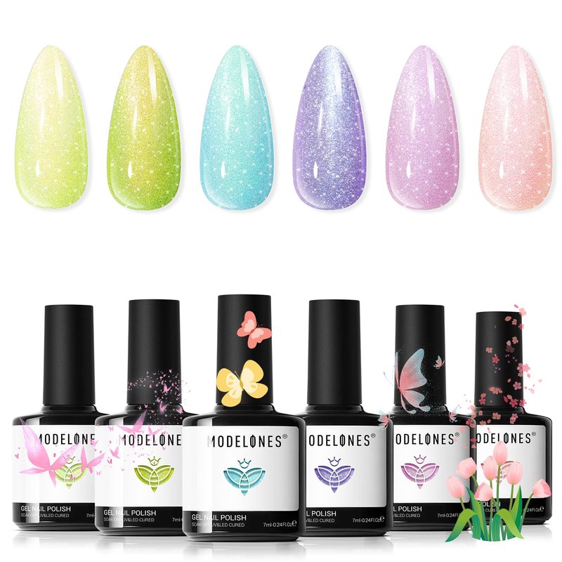 modelones Spring Gel Nail Polish Set, 6 Colors Pastel Glitter Pink Green Blue Purple Gel Polish Chameleon Sparkle Shimmer Shades Soak Off Nail Art DIY Manicure At Home for Women Girl