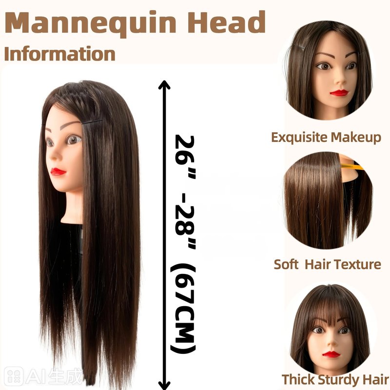 Cosmetology Mannequin Head with Hair, 26"-28" Synthetic Hair Mannequin Head for Braiding, Practice Hair Styling Training Doll Head with Stand