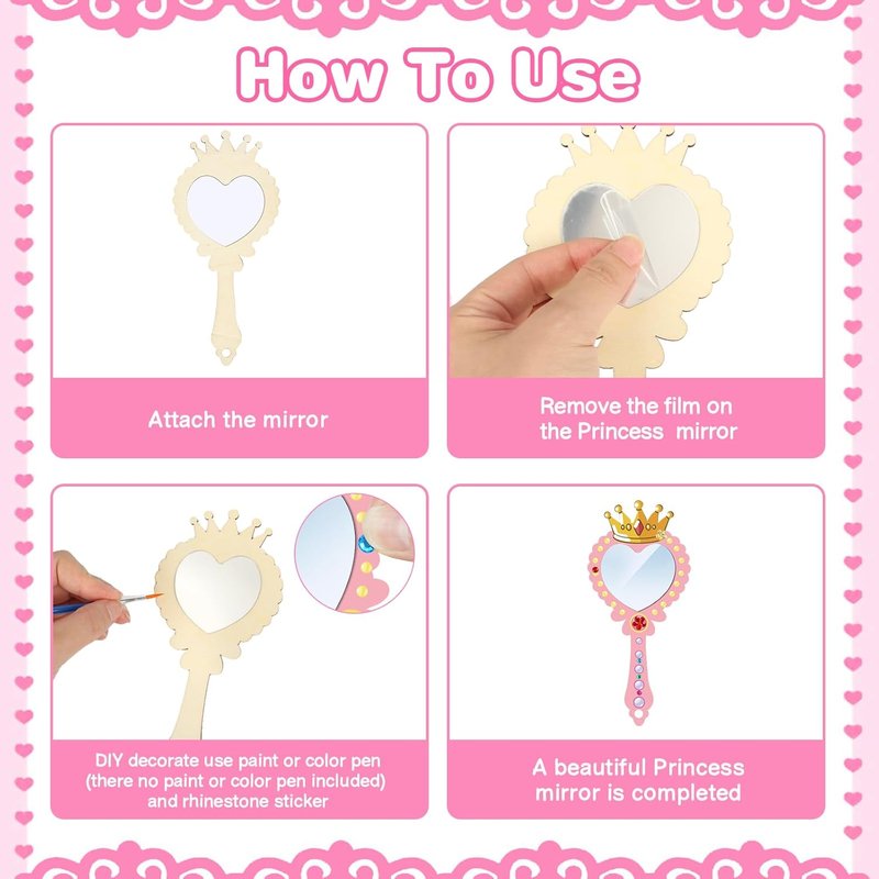 Fennoral 12 Pack Wooden Mirror Craft Kit - DIY Princess Hand Mirrors for Kids' Art Activities | Perfect Party Supplies