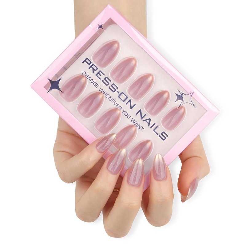 ONPRESS Press-On Nails - 30 Pcs Short Almond Shape with Gold Ombre French Tips | Pearlescent Glitter Finish