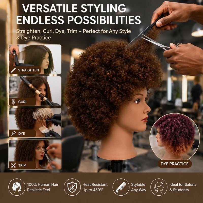 headdoll Afro Curly Mannequin Head with 100% Human Hair Curly Hair Hairdresser Hair Styling Cosmetology Manikin Head Doll head for Hairdresser Practice Styling Dye Braiding with Clamp Stand