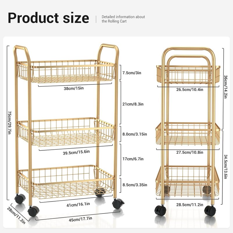 3 Tier Rolling Utility Cart - Versatile Storage Trolley with Wheels for Kitchen, Office & Salon | Gold Finish