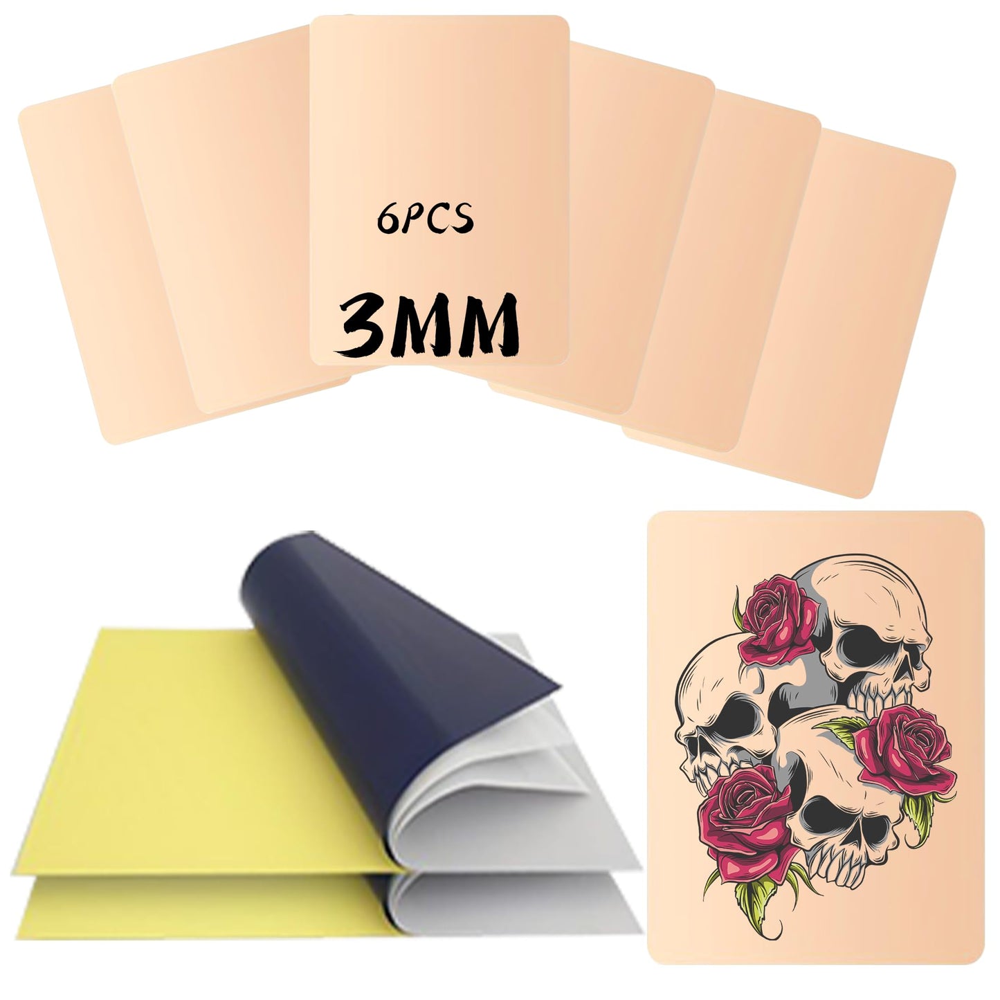 POSEIDON 3MM Tattoo Practice Kit - 6Pcs 5.9"x7.8" Fake Skin & 20Pcs A4 Transfer Paper (8.3"x11.7") | Realistic Silicone Training Sheets & Stencil Supplies for Beginners/Artists