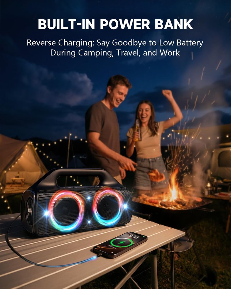 OYW IPX67 Waterproof Bluetooth Speaker:80W(Peak) Loud Outdoor Portable Wireless Party Speakers with LED Lights,20H Playtime,Bluetooth 5.3,Deep Bass & TWS for Pool,Beach