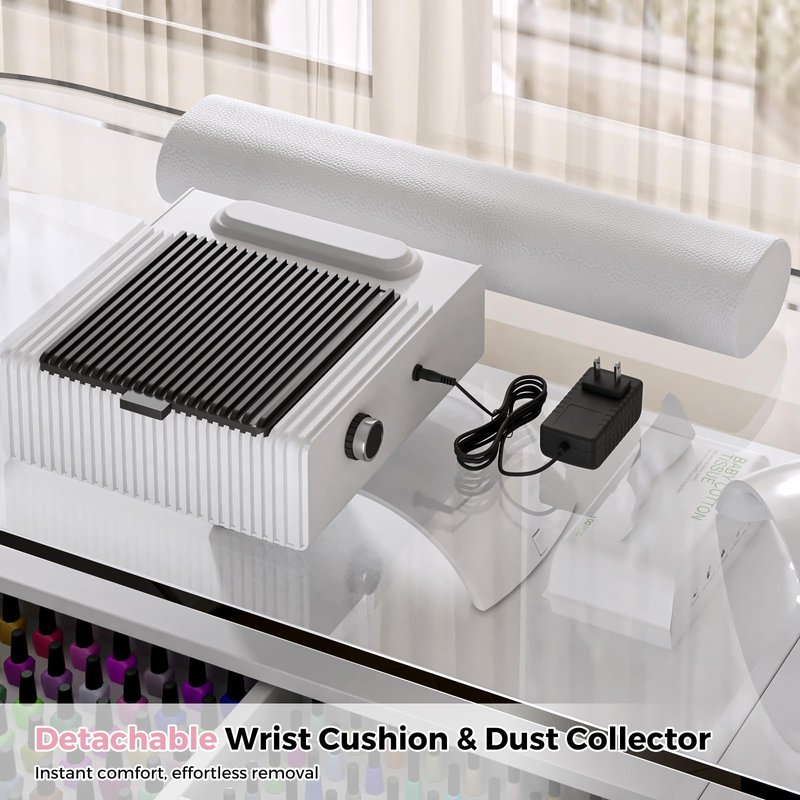 HolaiNail Manicure Table with Dust Collector, Professional Nail Tech Desk with Tempered Glass Top, Storage Cabinet & Drawer, Acetone Resistant, for Nail Beauty Salon Workstation(White)