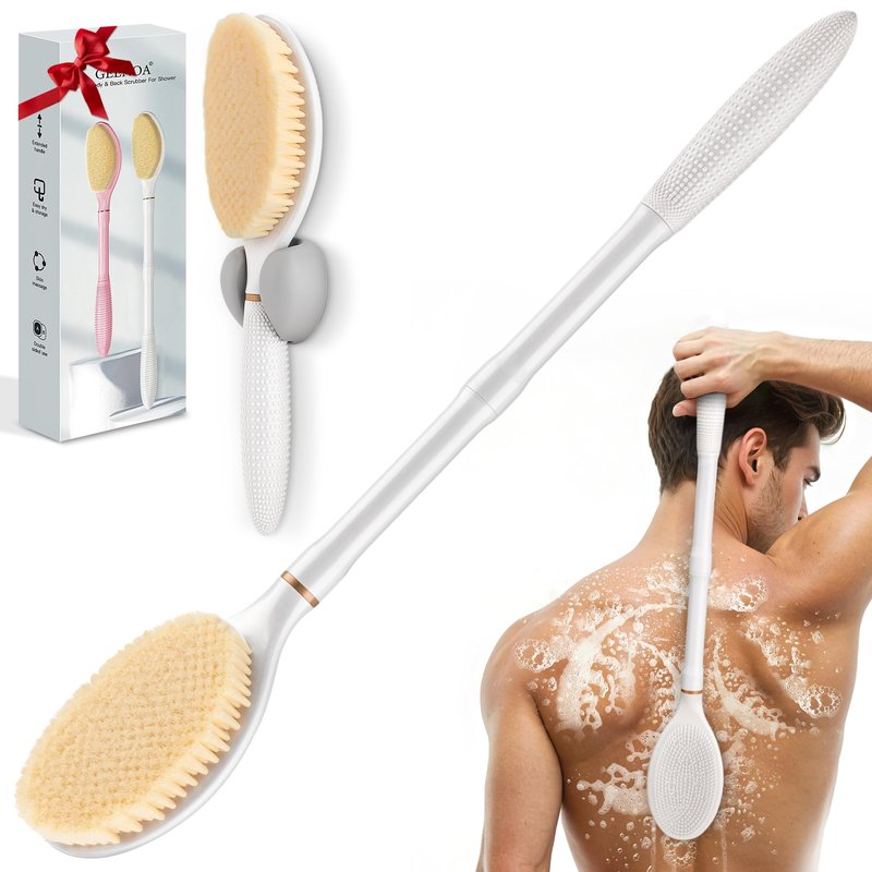 GEENOA New Back Scrubber Anti-Slip for Shower, 18.9‘’ Adjustable Shower Back Scrubber with Dual-Side Head & Soft Bristles, Extra-Long Shower Brush Bath Brush for Lathering Cleansing(White-L)