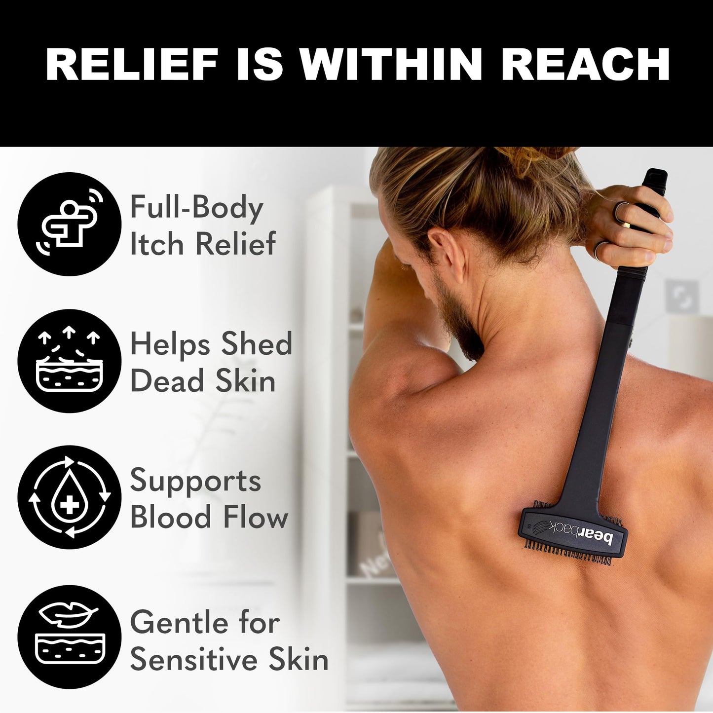 Bearback Back Scratcher for Men & Women - Long Reach Folding Handle, Skin-Safe Bristles - Extendable, Portable, Easy to Clean - Designed by a USA Small Business