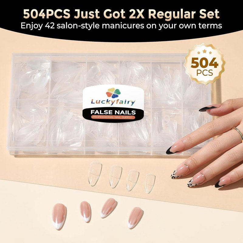 Luckyfairy Medium Almond Nail Tips, 504pcs Soft Gel Pre-Filed Acrylic Almond Fake Nails, Half Matte Full Cover Clear Press on Flase Nail Tips for Nail Extension Home DIY 12 Sizes