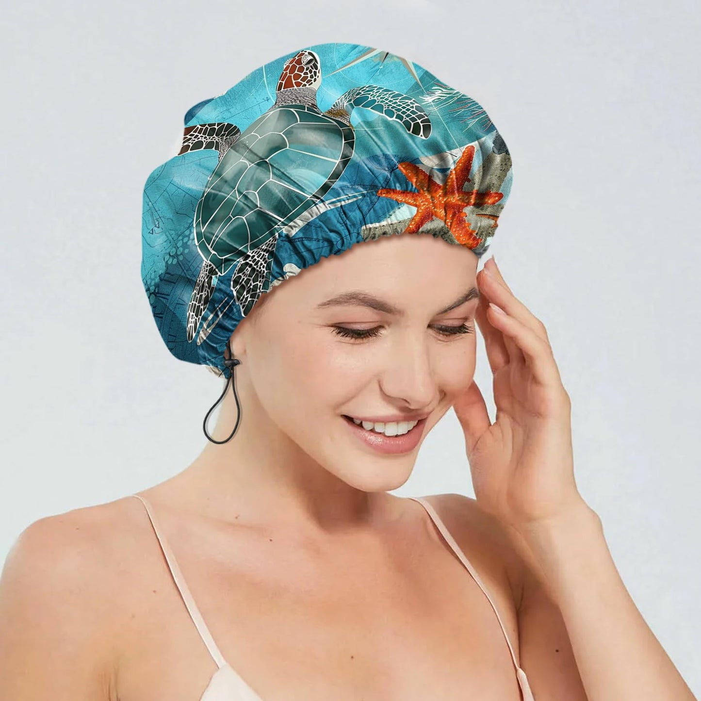 Cabreche 2 PCS Shower Cap Reusable Waterproof Double Layers Hair Caps Shower Bath Adjustable Elastic Hat for Women Girls Cute Aesthetic-Sea Turtle Frog