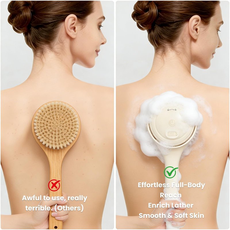 Electric Back Scrubber for Shower, Waterproof Body Brush with 4 Replacement Heads & Auto-Lock & Long Handle, 3-Speed Rechargeable Power Back Scrubber for Exfoliating & Deep Cleaning & Skin Massaging