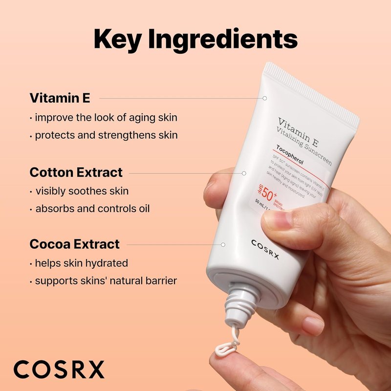 COSRX Vitamin E Sunscreen SPF 50 - Lightweight, Non-Sticky Formula for Oily Skin | Hydrating, Natural Glow, 1.69 fl oz