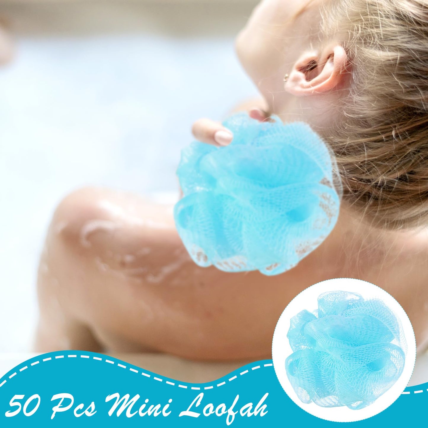 Suttmin 50 Pcs Loofah Sponge Bulk Mini Shower Sponge 3 Inch Loofahs Shower Pouf Mesh Showers Ball for Women Kids Men Exfoliating Bath Scrubber Travel Size Showers Gift(Blue)