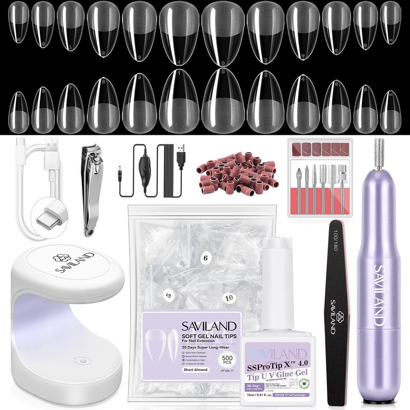 SAVILAND Pro Gel Nail Kit - 500 PCS Strong Nail Glue & UV Lamp | Short Almond Tips in 12 Sizes for DIY Home & Salon Use