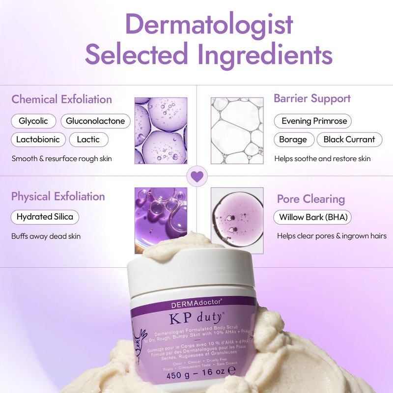 DERMAdoctor KP Bump Eraser Body Scrub with 10% AHAs + PHAs for Keratosis Pilaris, Dry, Rough, and Bumpy Skin, Dermatologist Formulated Exfoliating Body Scrub with Glycolic and Lactic acids - 16 Fl oz