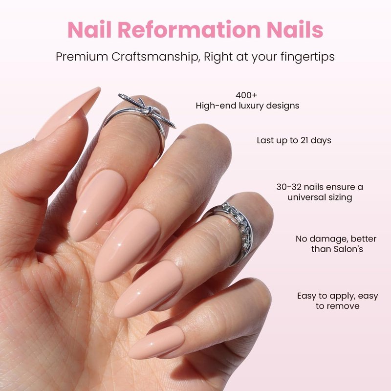 Nail Reformation Press On Nails, Soft Nude | Warm Neutral Pink Medium Almond Fake Nails with Glossy Finish, Opaque Reusable Stick On Nails Kit - 30 Pcs in 15 Sizes with Glue, Manicure Gifts for Women