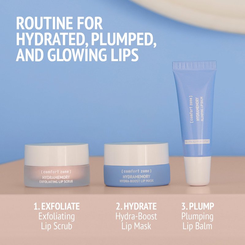 [ comfort zone ] Hydramemory Lip Trio, Hydrating 3-Step Lip Routine with Plumping Lip Balm, Hydra-Boost Lip Mask and Exfoliating Lip Scrub, (10ml each) (3 Piece Set)