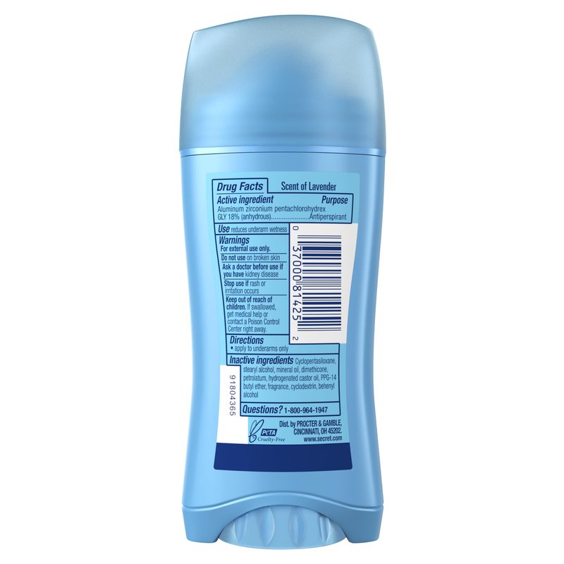 Secret Antiperspirant and Deodorant for Women, 24hr Sweat & Odor Protection, PH Balanced Protection, Gentle on Skin, Invisible Solid, Clean Lavender Scent, 2.6 oz