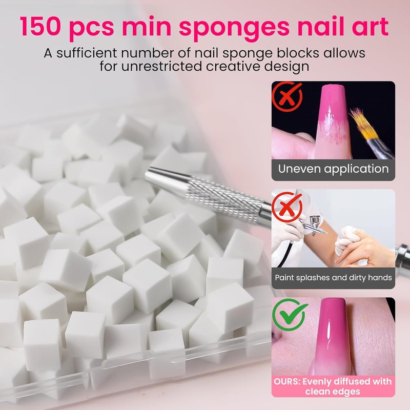 150 PCS Soft Nail Sponges For Ombre and Aura with Grabbing Pen Nail Art Brushes for Blending Ombre Gel Nail Tech Design Manicure Tools Accessories Supplies for Salon and Home White