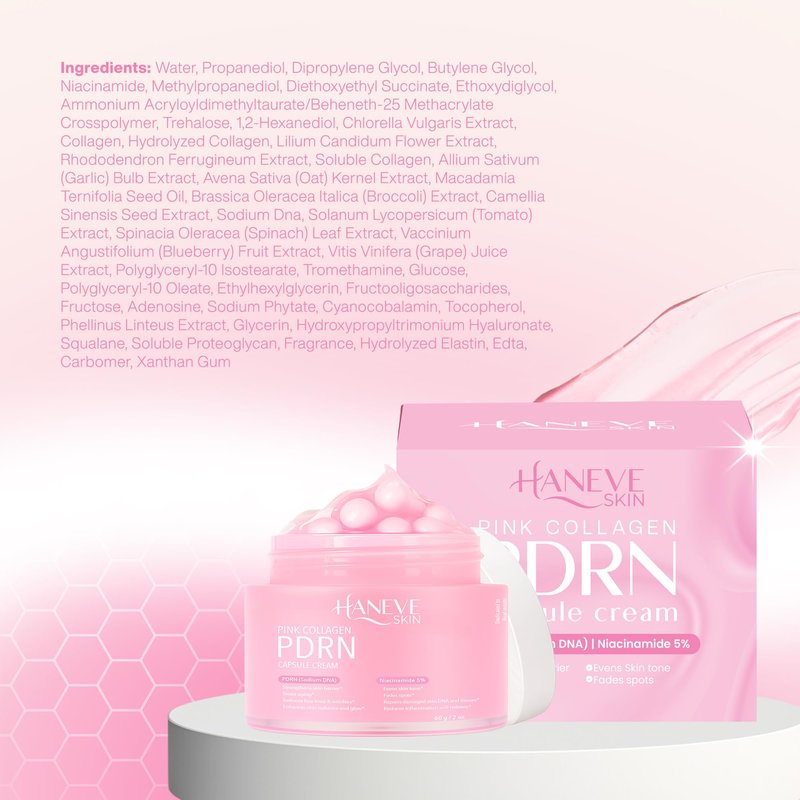 Haneve Skin Pink Collagen PDRN Capsule Cream – Hydrating & Radiance-Boosting Face Moisturizer with PDRN (Sodium DNA), Niacinamide 5% & Collagen Capsules – 60g / 2 oz