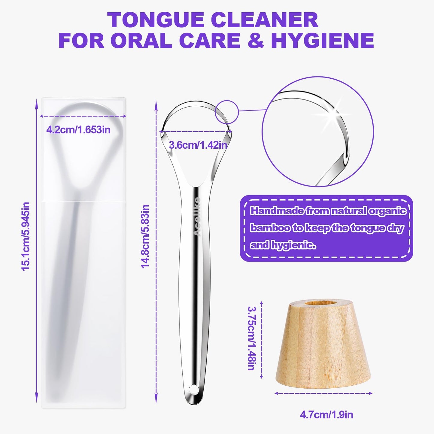 Tongue Scraper for Adults (2 Pack), 2 Bamboo Holder and 2 Travel Case, 100% Stainless Steel Tongue Scraper, Reducing Bad Breath, Tongue Cleaner for Oral Care & Hygiene, Home and Travel Use