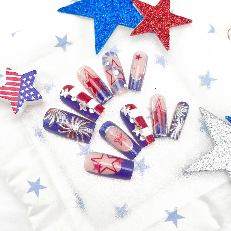 Skiennix 24Pcs 4th of July Press-On Nails - Medium Square French Tip with Glitter Fireworks Design