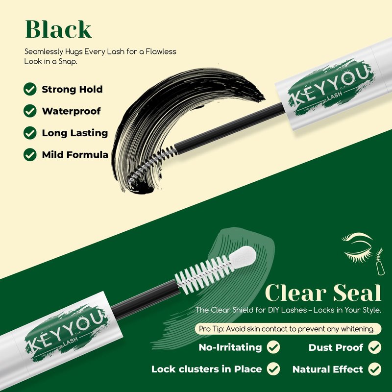 KEYYOU Lash Cluster Glue,New Lash Bond and Seal Waterproof for Eyelash Clusters,72Hours 2-in-1 Super Hold Long-Lasting Non-Irritating for DIY at Home(Black Bond,10ML)