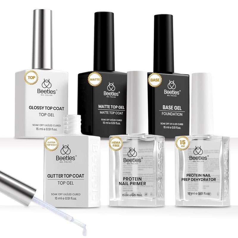 Beetles Gel Top and Base Coat Set - 15ml Glossy & Matte Finish with Protein Nail Prep | Acid-Free, Hema-Free