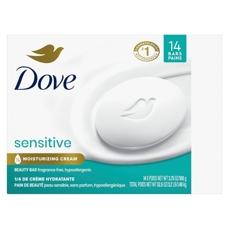 Dove Beauty Bar More Moisturizing Than Bar Soap for Softer Skin, Fragrance-Free, Hypoallergenic, Sensitive Skin with Gentle Cleanser 3.75 oz 14 Bars