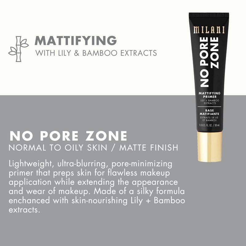 Milani Face Primer for Makeup - No Pore Zone Mattifying Primer with Lily & Bamboo Extract for a Matte Finish, 1.0 Fl. Oz