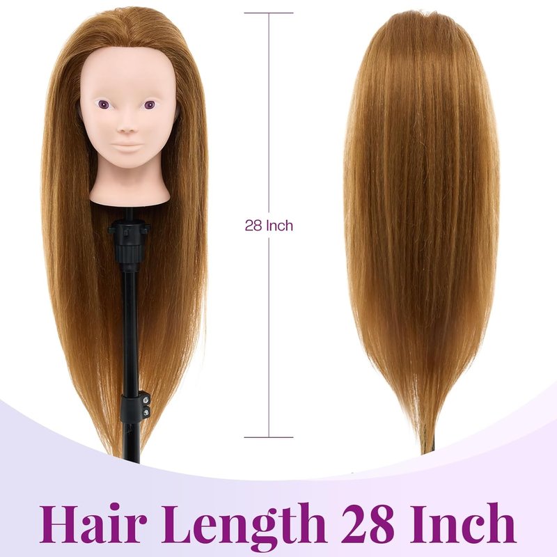 28" Mannequin Head Human Hair - 80% Real Hair Cosmetology Makeup Training Head Practice Manikin Doll Head for Styling Hairdressing Braiding Mannequin Head