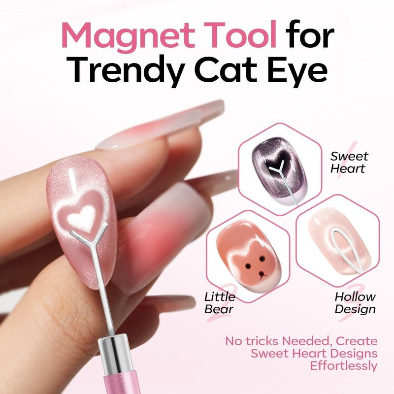 modelones Cat Eye Magnet Set, 6PCS 3-in-1 Dual-Head Nail Magnet Pen with Heart, Lightning & Sphere Shapes for Cateye Gel Polish, Side Light Wide Light Glass Glow Effects DIY Nail Art Tool(Magnet Only)