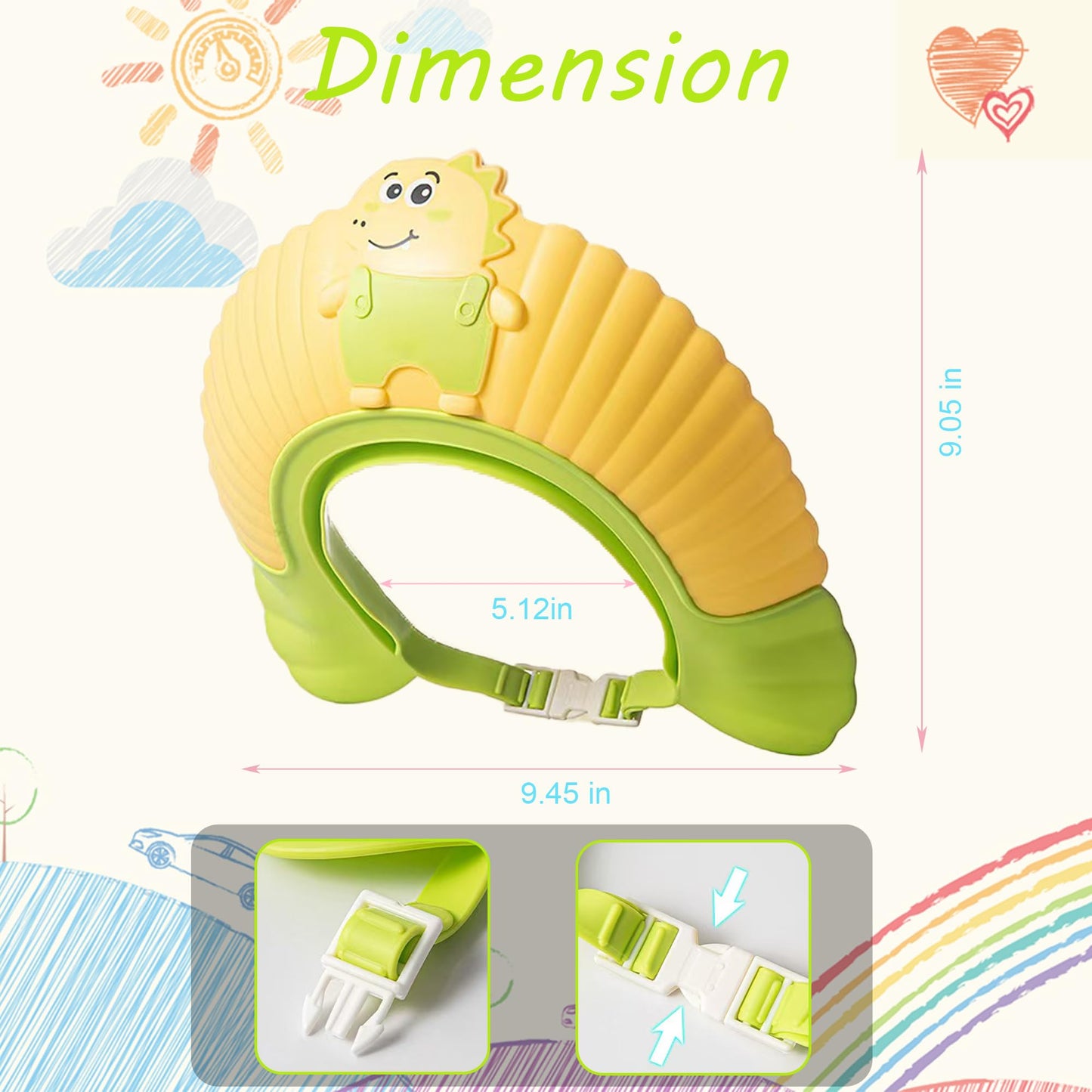 Baby Shower Cap Shield, Shower Cap for Kids, Visor Hat for Eye and Ear Protection for 0-9 Years Old Children, Cute Little Dinosaur Shape Makes The Baby Bath More Fun (Blue)