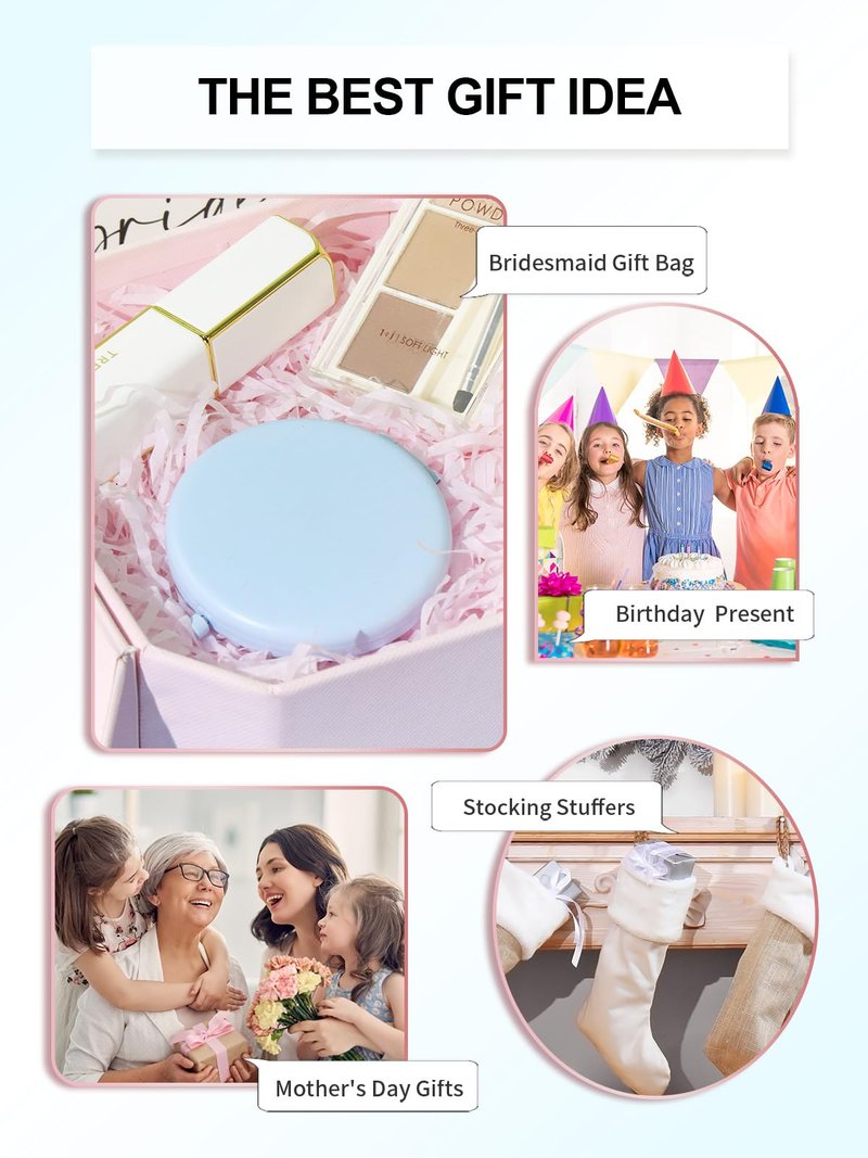 Getinbulk Compact Mirror for Purse, Double-Sided 1X/2X Magnifying Metal Pocket Makeup Mirrors(Round, Light Blue)