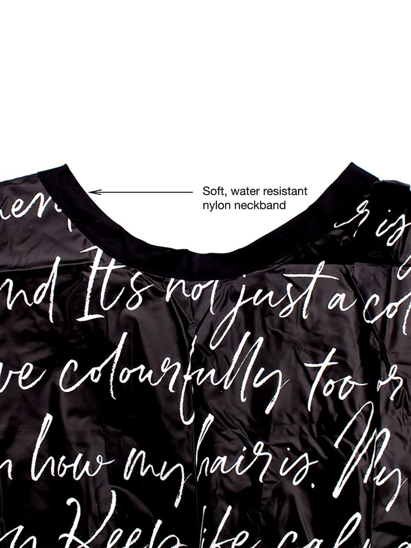 Betty Dain Hair Stylist Shampoo Cape, Waterproof & Stain Resistant Vinyl, Soft Nylon Neckband, Durable & Reusable Client Cover, Touch-and-close Fastener, 36 x 54 inches, Secret Messages - Black
