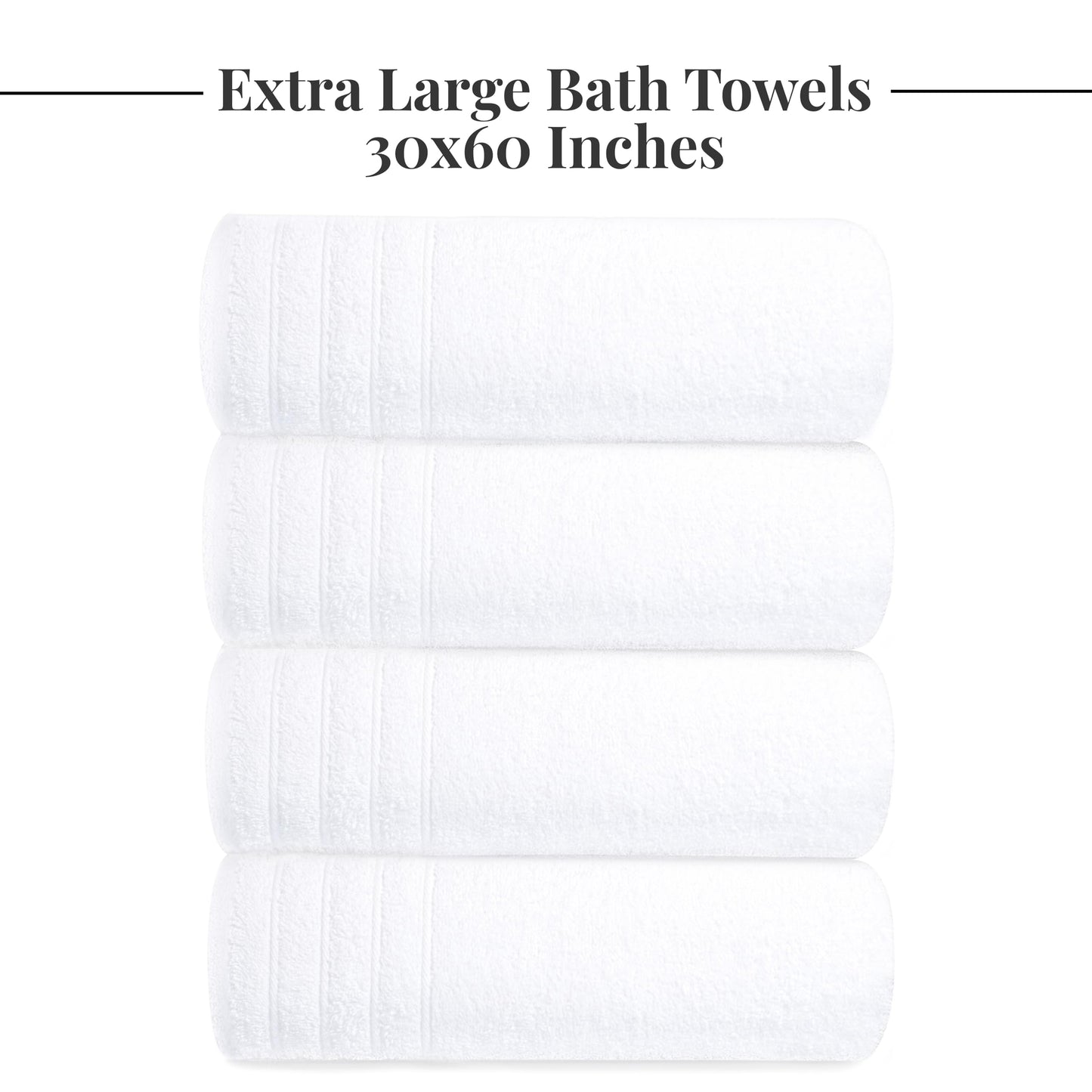 Tens Towels Pack of 4 Extra Large Bath Towels 30 x 60 Inches, 100% Cotton, Larger & Lighter Weight, Quicker to Dry, Super Soft and Absorbent, Perfect for Bathroom, White