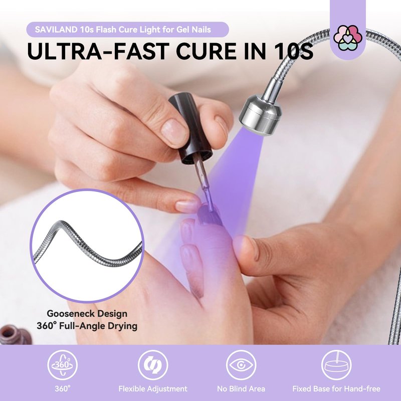 SAVILAND Gooseneck UV Light for Gel Nails: Touch Switch 12W U VNail Lamp 5S Quick Drying LED Flash Cure Lamp Rechargeable Gel Flash Cure Light 3 Timers Setting 360° Adjustable Home Salon Manicure