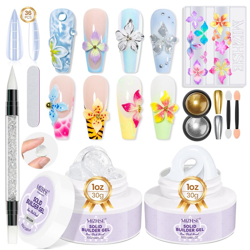MIZHSE 2Pcs 3D Nail Gel Sculpting Gels, Clear and White Solid Builder Gel for Nails with Silicone Nail Molds Molding Gels 3D Art Non-Sticky Hand UV LED for Nails Salon Home DIY