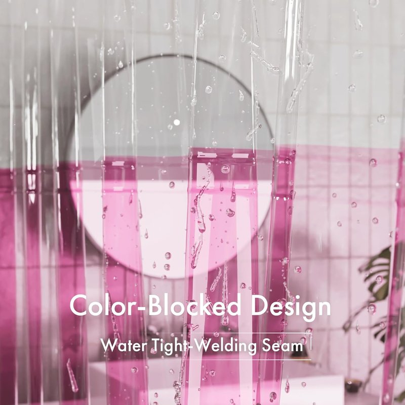 AmazerBath 100% EVA Shower Curtain Liner, 72 x 72 Inches Heavy Duty Shower Curtain and Liner 2-in-1 with 3 Clear Stones and 12 Brass Grommets, Color Block Soft Shower Liner - Clear & Bright Pink