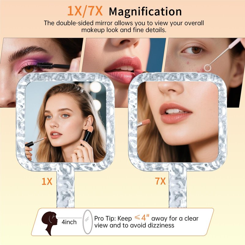 Famihomii Handheld Mirror with 1X/7X Magnification, Dual-Sided Magnification Hand Mirror, Hand Mirror with Handle, 10" x 6.1", Lightweight & Durable, Portable & Hangable for Makeup, Shaving - Clear