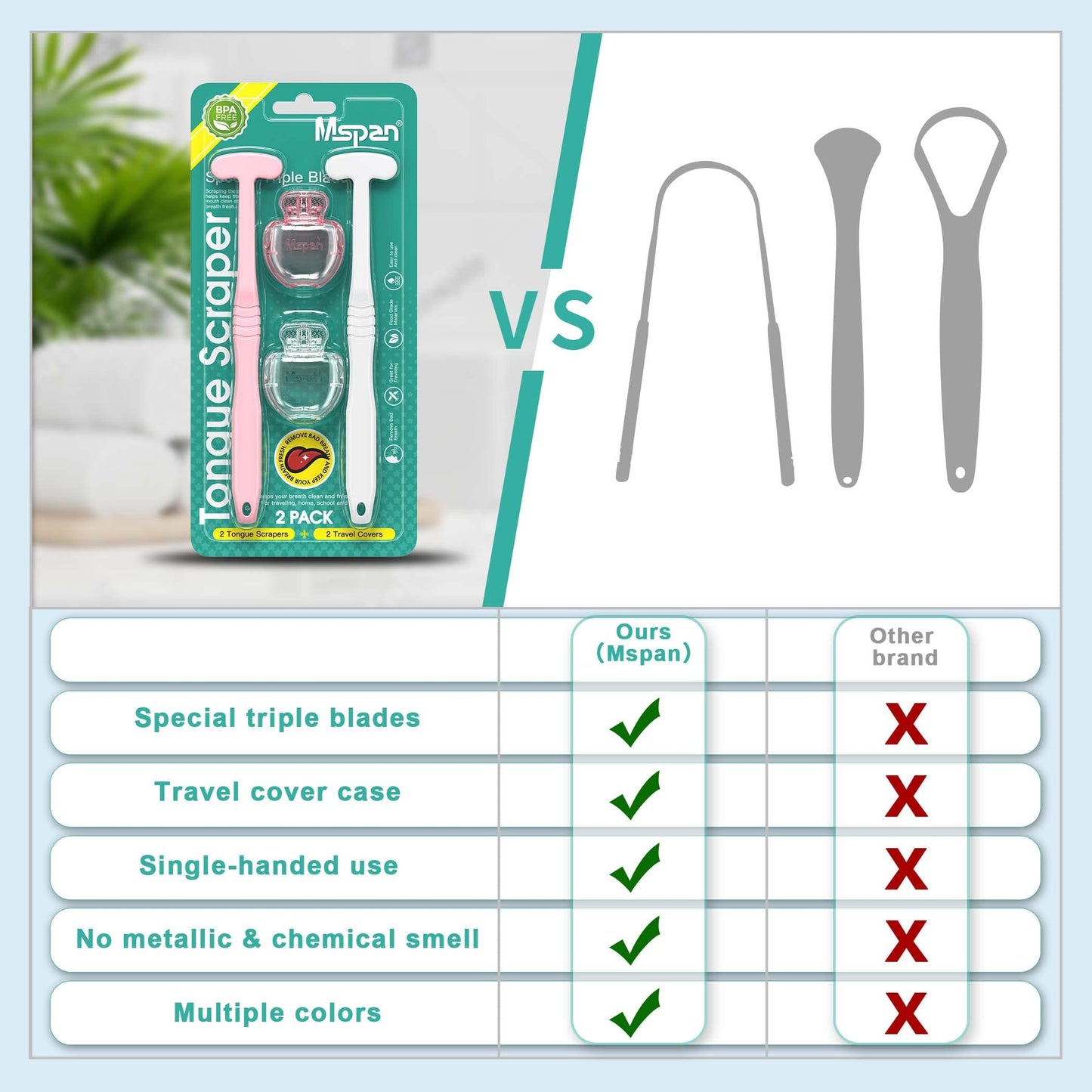 Mspan Tongue Scraper Cleaner Brush: Tongue Care Cleaning Scrubber with Plastic Travel Case Cover for Adults kids - Clean Oral Bad Breath Pink White 2 Pack