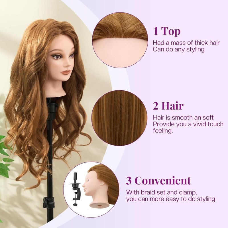 28" Mannequin Head Human Hair - 80% Real Hair Cosmetology Makeup Training Head Practice Manikin Doll Head for Styling Hairdressing Braiding Mannequin Head