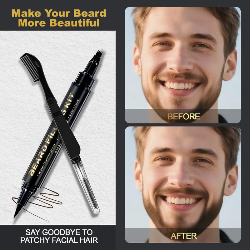 Beard Pen Beard Pencil Filler for Men Beard Filler 4 Tip Pen for Natural Looking Beard 2PCS Beard Pencil & 1PCS Double Head Beard Brush Double Head Four Fork Eyebrow Pencil Eyeliner (Dark Brown)
