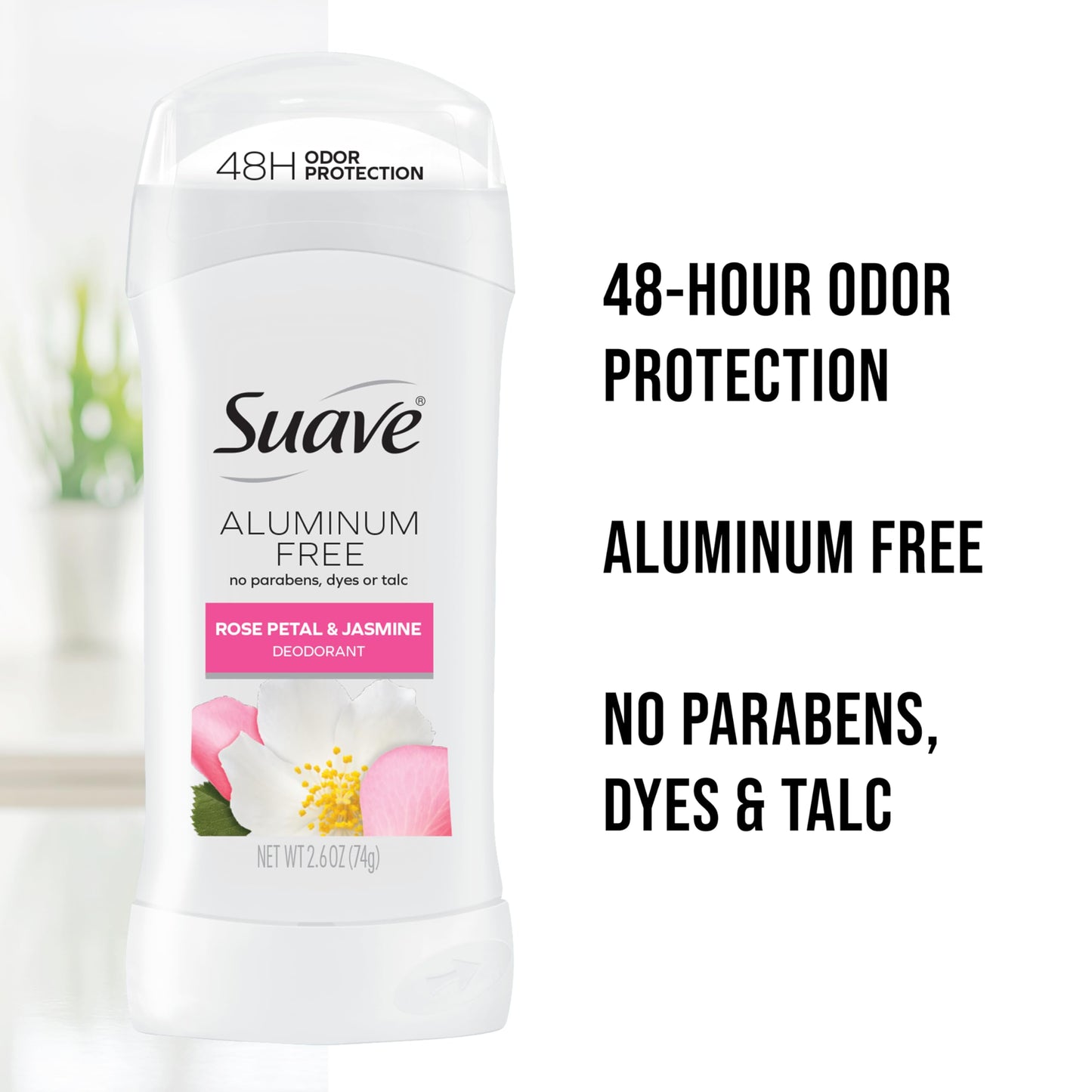 Suave Aluminum Free Deodorant for Women, Rose Petal and Jasmine, 48-Hour Odor Protection, Free of Talc, Parabens & Dyes 2.6 oz (Pack of 12)
