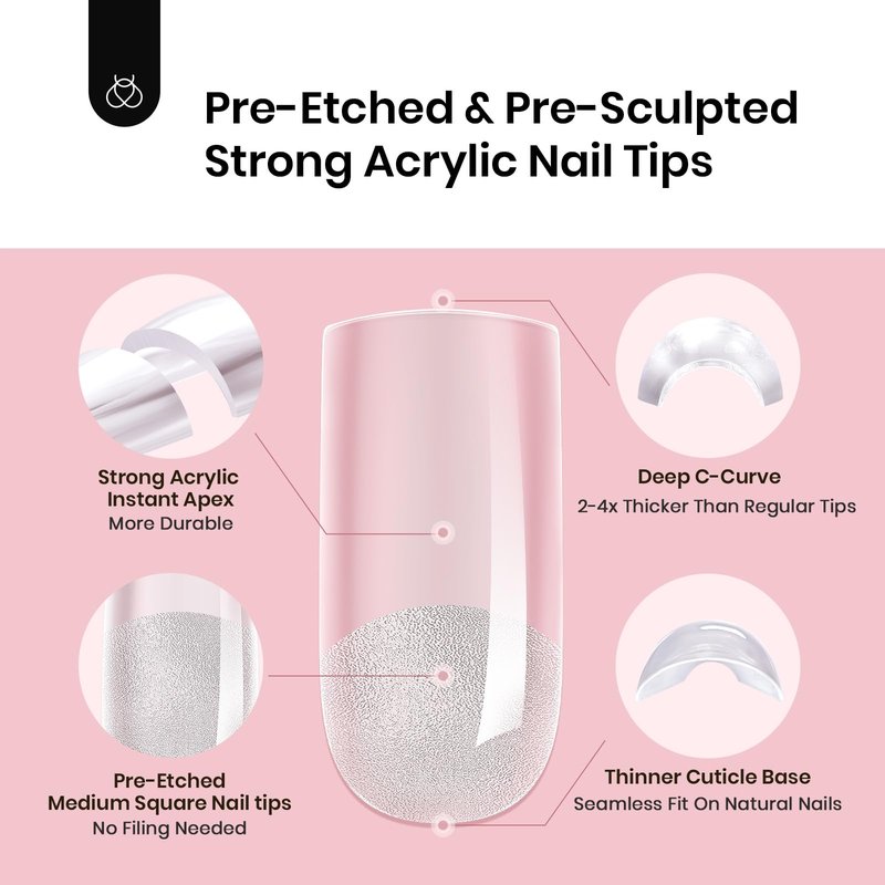 Beetles Tipex Instant Apex Nail Tips, 512Pcs Square Medium Pre-Building Pre-Etched Gel Nail Tips Thicker Acrylic Nails Strong Full Cover False Nail Extension Building 16 Sizes