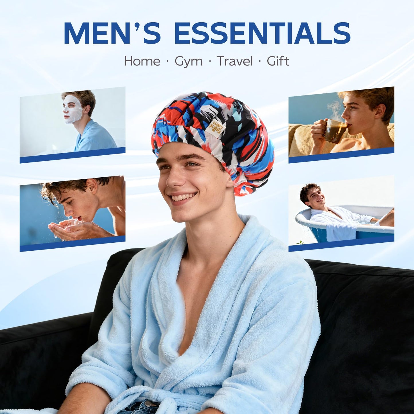 Years calm Shower Cap for Men, Waterproof Reusable Hair Cap with Dual-Layer Design, Reversible Double-Sided Use, Stretchable Elastic Band, Comfortable Fit for Shower, Gym, Hair Care & Travel