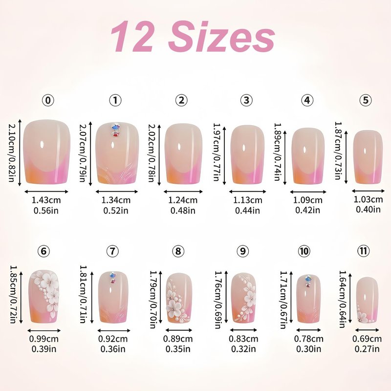 24Pcs Press on Nails Medium Square, Pink & Orange Ombre French Tip Fake Nails with 3D White Flowers & Rhinestones, Glossy Swirl Summer Acrylic Stick on Nails for Women & Girls