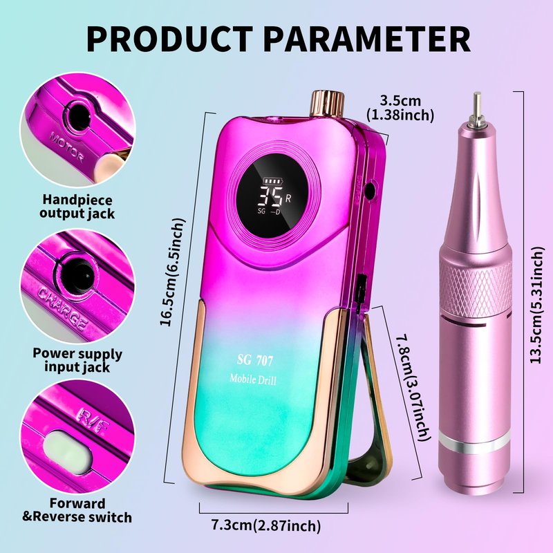 Moskany Professional Electric Nail Drill Kit 35000RPM with 14PCS Bits Purple Green Portable Rechargeable Cordless File Machine for Acrylic Gel Powder Nails and Manicure Pedicure Toenail Tool Salon Set